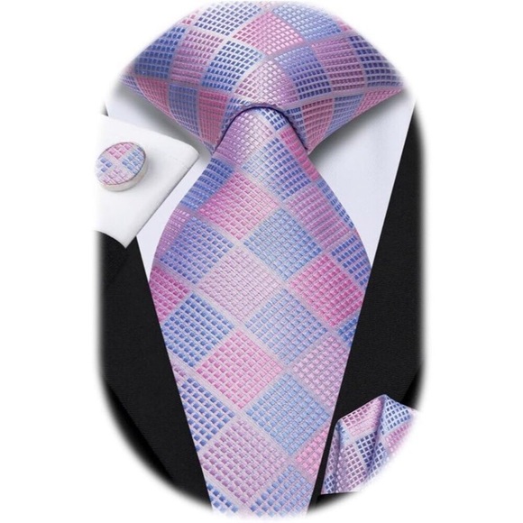 Mens Pink Tie Set Solid Paisley Necktie Pocket Square Cufflinks Formal Silk - Picture 1 of 6